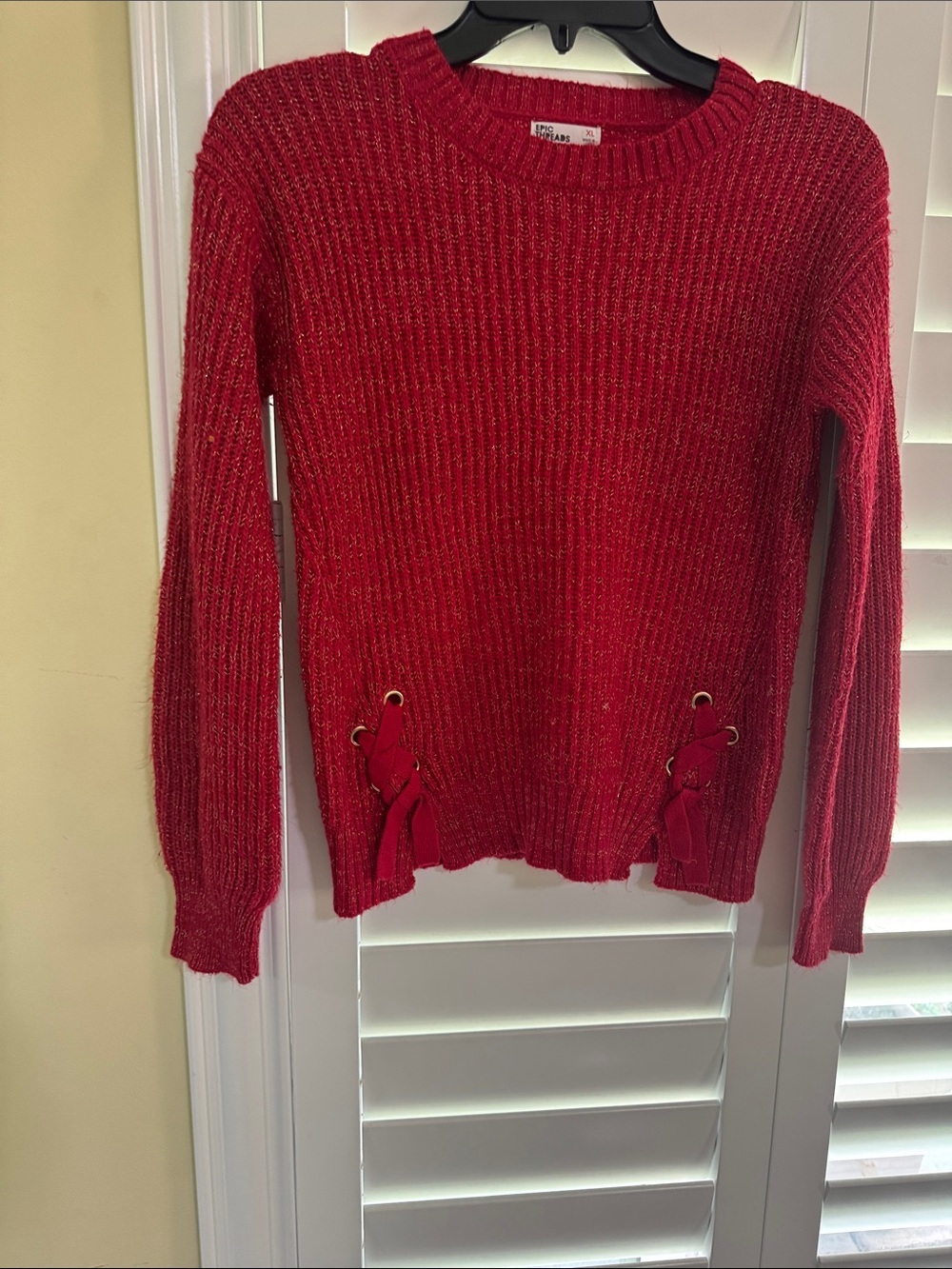 Epic Threads Red Ribbed Crew Sweater with Lace-Up Hem